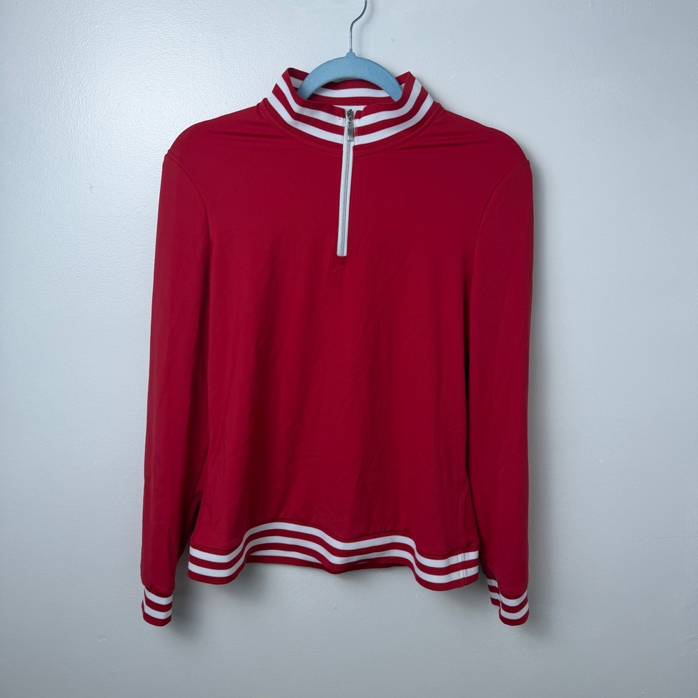 Acegolfs Womens Red Quarter Zip Golf Pullover Striped Trim Mock Neck Size M